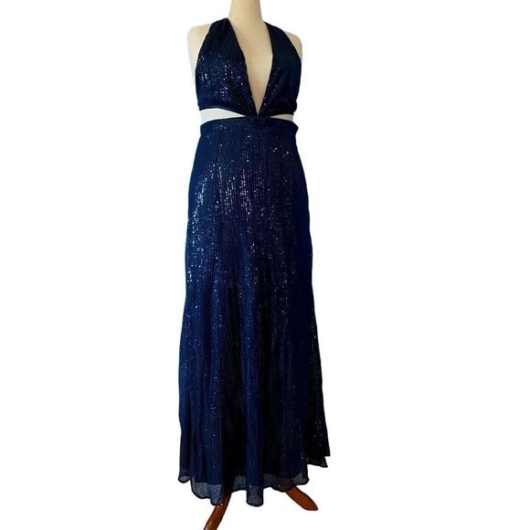 NWT RAMY BROOK Navy Sequined Prom Special Occasion Long Halter Dress 14 $695 - Picture 1 of 13
